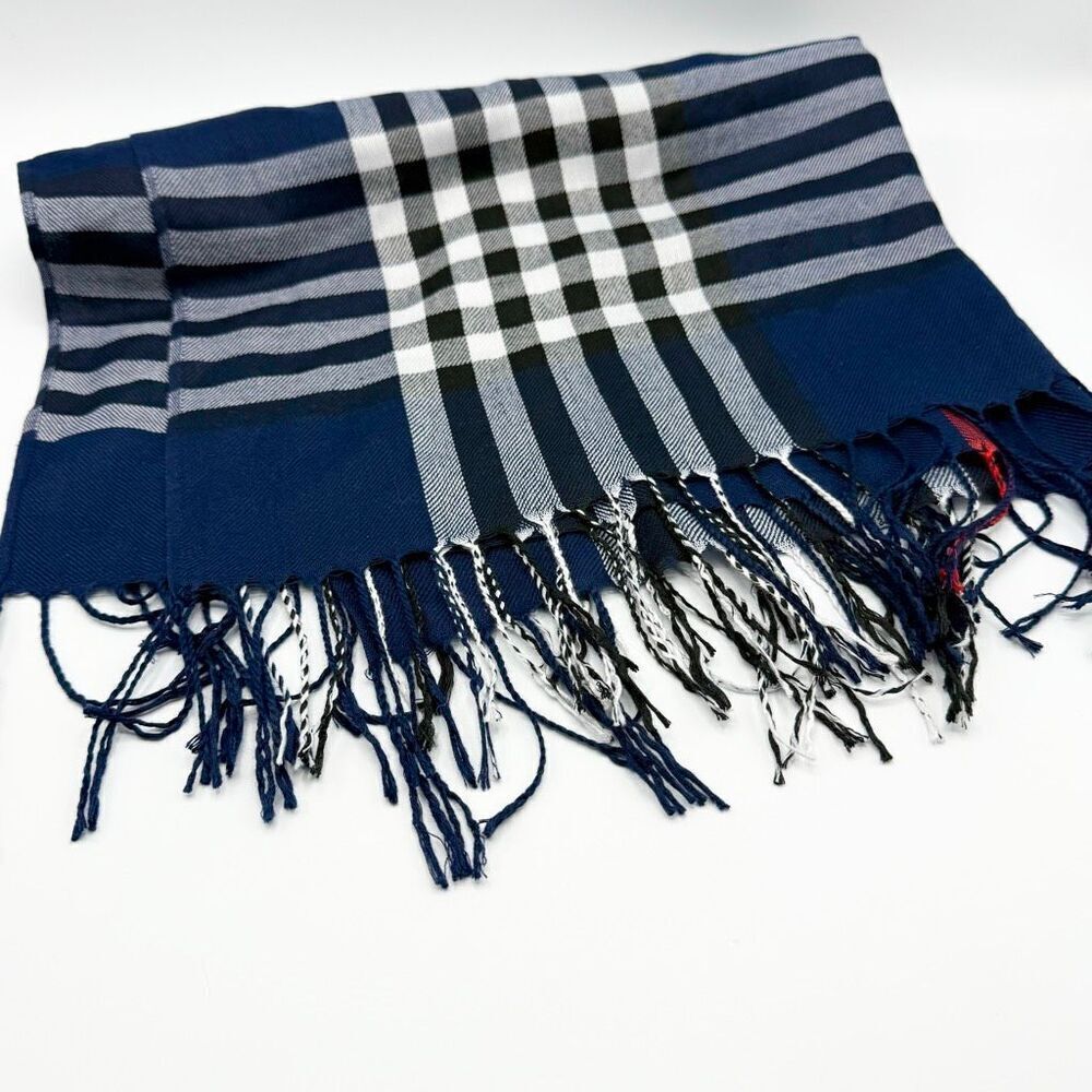 70% Pashmina 30% Silk Navy Blue Checked Scarf with Fringe Tassels
